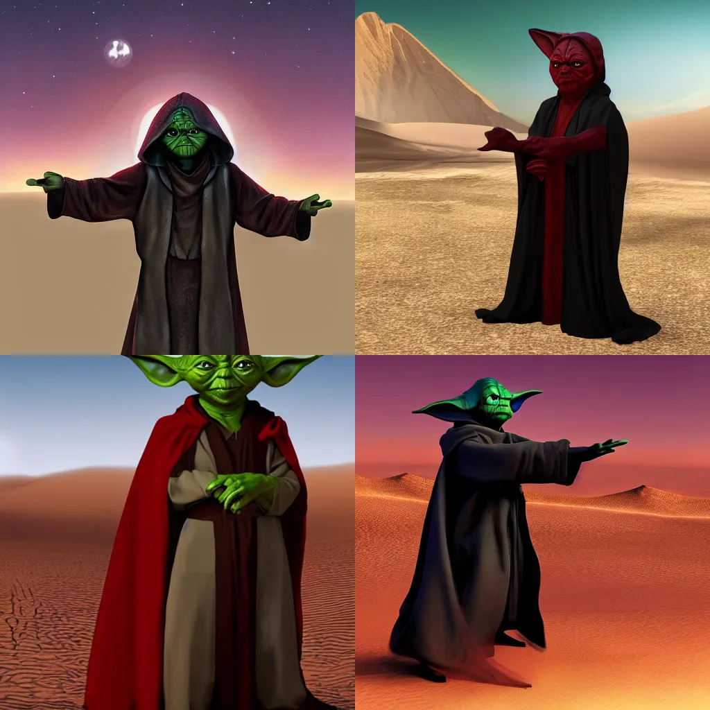 Prompt: Yoda from Starwars as a hooded dark Sith Lord with black and red skin, in the desert, cinematic