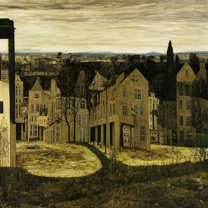 Image similar to a building in a landscape, by paul delvaux