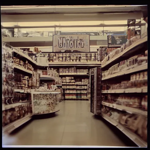 Image similar to Vintage Photograph of a futuristic time machine inside of a grocery store, shallow depth of field, awkward, out of place, polaroid 600 Color