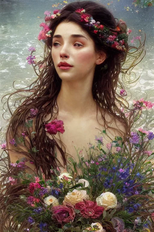 Image similar to portrait of a beautiful mysterious woman holding a bouquet of flowing flowers, wet dripping long hair, hands hidden under the bouquet, emerging from the water, fantasy, regal, intricate, by stanley artgerm lau, greg rutkowski, thomas kindkade, alphonse mucha, loish, norman rockwell