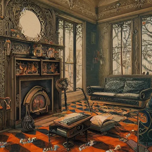 Prompt: intricate detailed victorian goth interior of a vintage 1 9 7 0 s living room with wooden tv by peter mohrbacher and dan mumford, cgsociety