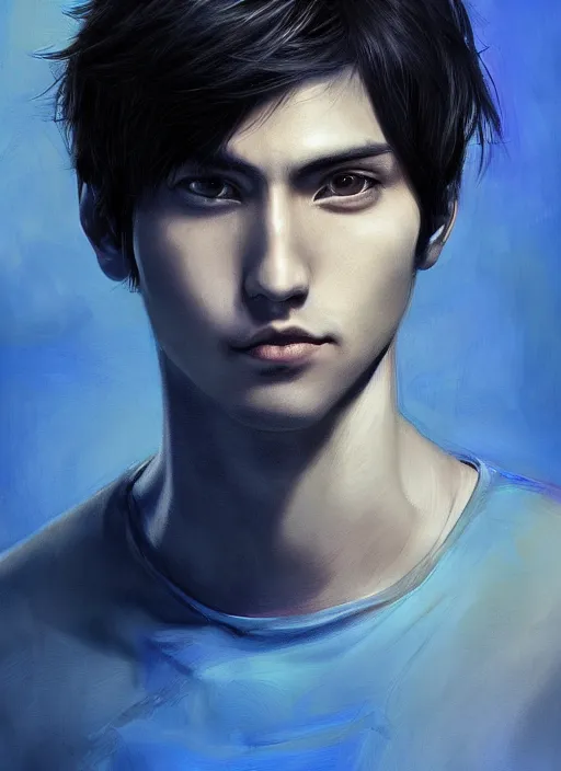 Image similar to handsome young man with short black hair, male, dressed in blue, looking down, half body shot, arms down, path traced, highly detailed, high quality, digital painting, ayami kojima