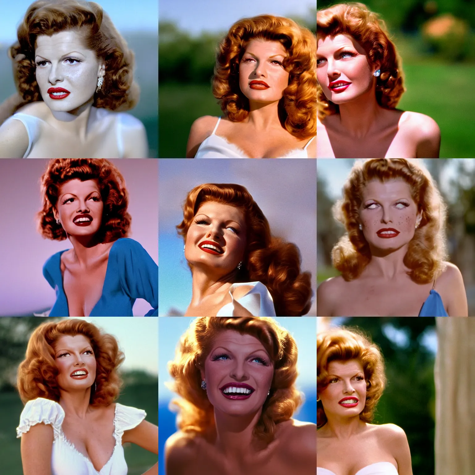 Prompt: hyperrealistic close up shot of rita hayworth in a 2 0 0 5 romantic comedy. she stands in a white dress and looks on the right. fuzzy blue sky in the background. small details, imperfections on the skin, freckles, natural lighting, 8 5 mm lenses, sharp focus, 8 k