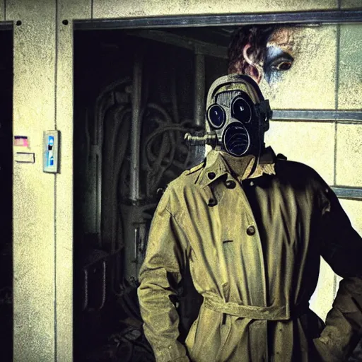 Prompt: UHD hyperrealistic photorealistic detailed image of a man in a rugged, worn trench coat wearing a gas mask, standing in front of an laboratory door, in a ruined and dark underground lab, readying himself for combat with a green undertone, inspired by the Stalker video game series