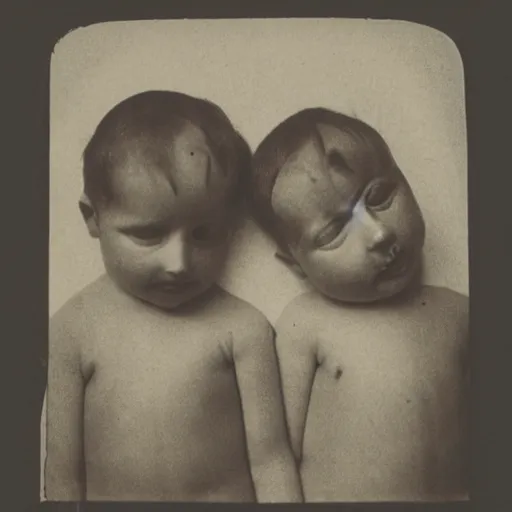 Image similar to photograph of conjoined twins from the 1930s, sepia,