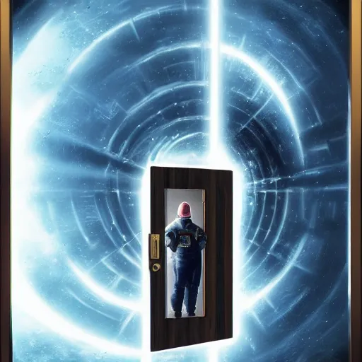 Prompt: golden ratio, photo realism, space astronaut opening door that shows space and time created by stan lee with extra detail, epic.