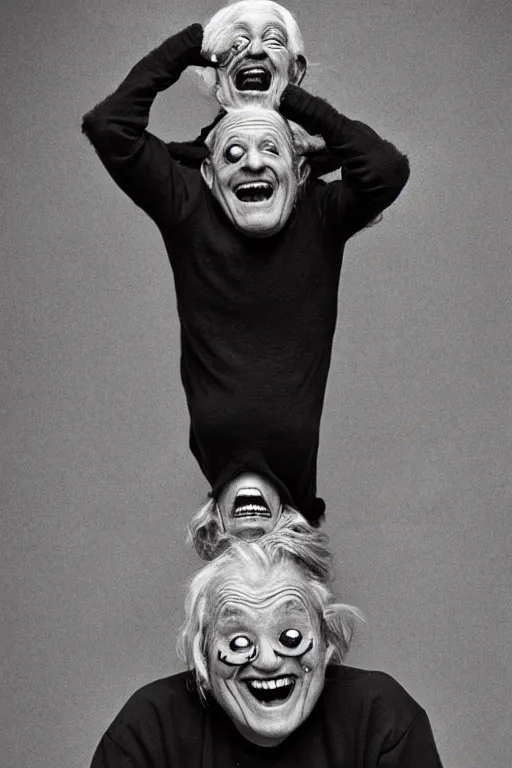 Prompt: a old laughing old man with 3 heads and 6 eyes, long hair, hanging upsidedown by annie leibovitz