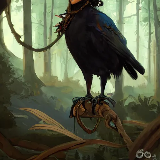 Image similar to concept art painting of a person with a head of a crow, with steampunk clothes, in the deep forest, realistic, detailed, cel shaded, in the style of makoto shinkai and greg rutkowski and james gurney