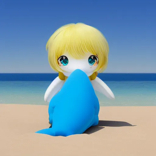 Prompt: cute fumo plush of a girl on the beach with a large inflatable dolphin, lens flare, vray