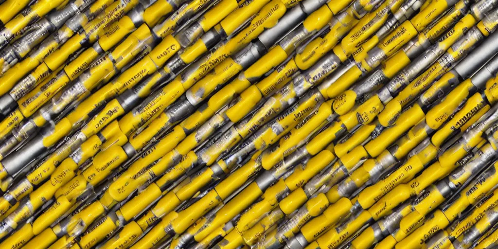 Prompt: realistic photograph 1 0 0 0 0's of yellow - coloured chapstick tubes in giant piles, high detail, shaded, backlit, glossy, backlit, ultrawide panoramic shot