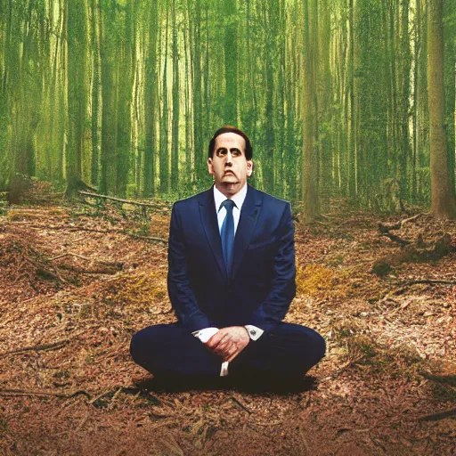 Prompt: Michael Scott meditate in forest, realistic photo, 90mm