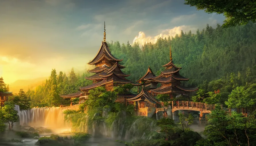 Image similar to rivendell with japanese pagodas built in the mountains with waterfalls and forest at the foot of green gigantic mountains at sunset, fireplace, hyperdetailed, artstation, cgsociety, 8 k