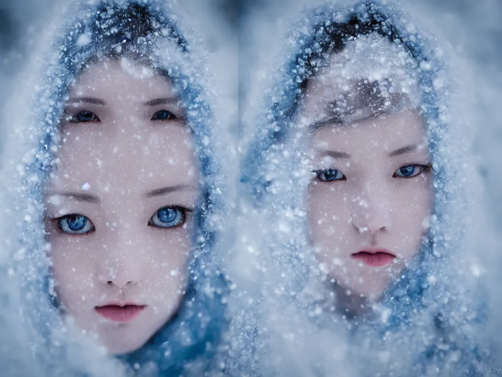 Image similar to the piercing blue eyed stare of yuki onna, freezing blue skin, mountain blizzard and snow, canon eos r 6, bokeh, outline glow, asymmetric unnatural beauty, blue skin, centered, rule of thirds