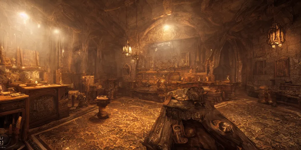 Prompt: dwarven interior design, superwide angle, light through the mist, dramatic lighting, photorealistic, cinematic lighting, high detail, cinematic feel, high octane, 4K, Unreal Engine, digital render, intricate, ultra realistic