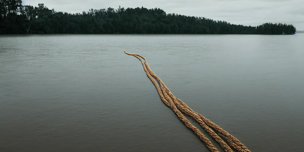 Prompt: centered photograph of a line of thick extra long rope floating on the surface stretching out to the center of the lake, a dark lake sandy shore on a cloudy day, color film, trees in the background, hyper - detailed photo, anamorphic lens