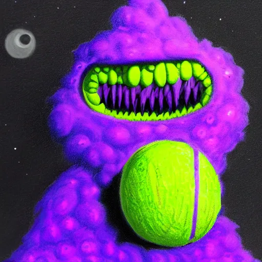 Image similar to a tennis ball monster in a purple pimp coat, digital art, fantasy, magic, chalk, trending on artstation, ultra detailed, professional illustration by basil gogos