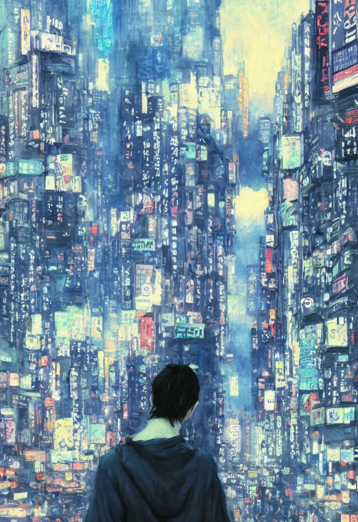 Image similar to tiny god in front of shibuya. cyberpunk. beautiful blue sky. gorgeous epic nature, lofi, vivid colors, amazing light, by jeremy lipkin, by claude monet, heavily inspired by makoto shinkai, inspired by ghibli, masterpiece, multiple brush strokes, impressionist style