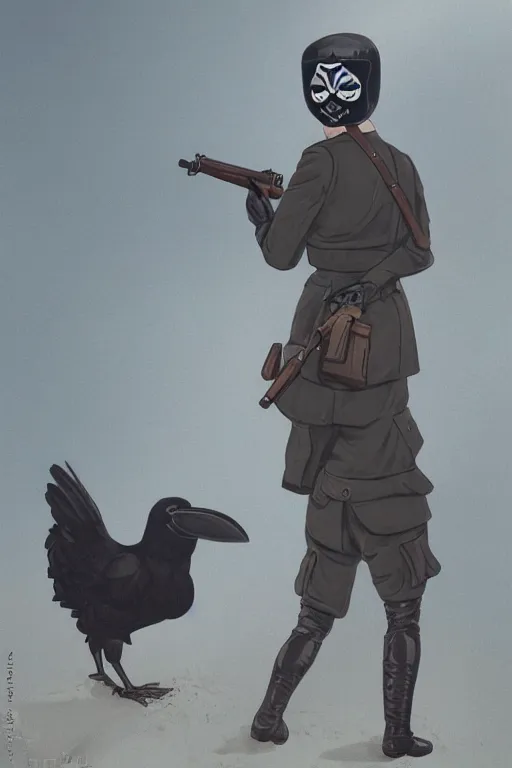 Prompt: ww 1 german female masked operative with the standard black uniform and a white porcelain crow mask, artstation, trending on artstation, establishing shot, by simon stalenhag