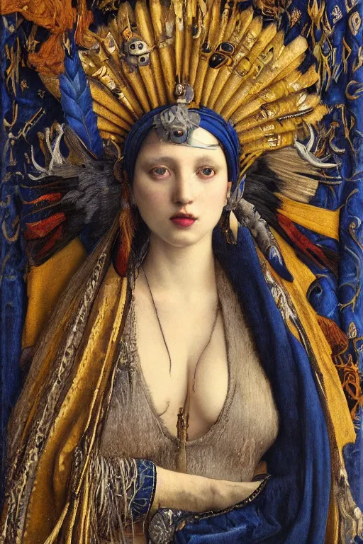 Prompt: portrait of the queen of crows, by Donato Giancola and John Bauer and John William Godward and Vermeer, embroidered velvet, iridescent beetles, rich color, ornate headdress, flowing robes, lost runes, ancient civilizations,featured on Artstation, cgisociety, unreal engine, extremely detailed