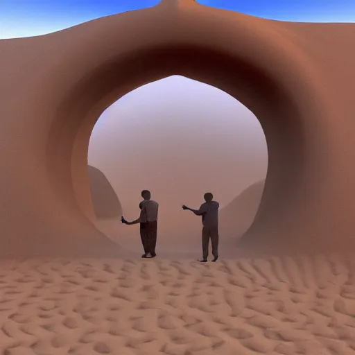 Image similar to A sand tsunami in the desert gate swallowing a man and a boy to different dimension spark, surreal ,Night