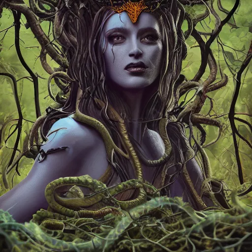 Image similar to dramatic portrait of the dark queen of snakes wearing a crown of snakes, blue skin, realism, dark fantasy illustration, surrounded by vines in a dead forest, dynamic lighting, octane render, artstation