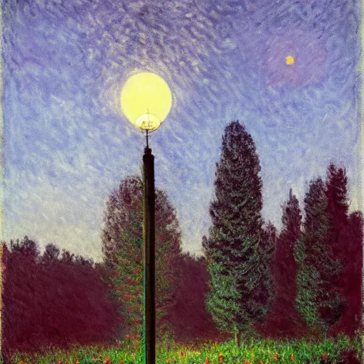 Image similar to Moon on a lamppost in the forest by Simon Stålenhag and Claude Monet, oil on canvas