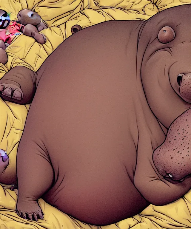 Prompt: tired humanoid hippo lying in bed, closeup, centered composition, digital painting, artstation, concept art, kids book illustration, sharp focus, octane render, illustration, art by geof darrow,