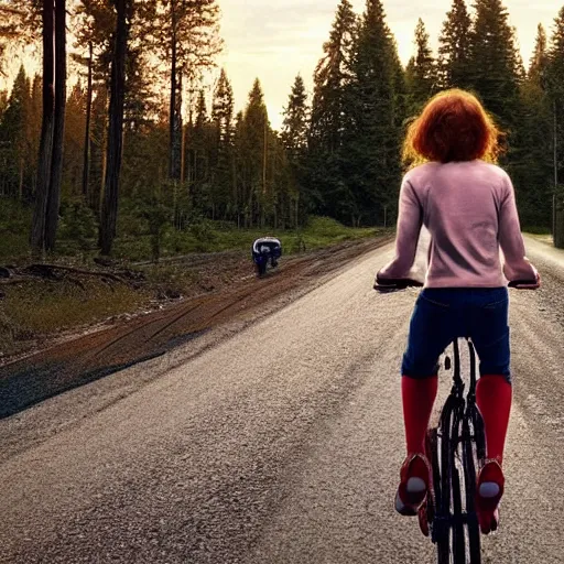 Prompt: Sadie Sink (Maxine Mayfield) from Stranger Things riding her bike in the middle of the street with forest in the background, looking straight ahead, her bike's flashlight illuminating the ground, realistic, extremely high detail, photorealistic, no shadows, 8k