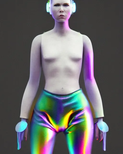 Image similar to full body shot of young punk woman dressed in futuristic cyberpunk rainbow clothing, soft light, bjork aesthetic, translucent, by rineke dijkstra and artgerm, intricate details, highly detailed, masterpiece, 8 5 mm