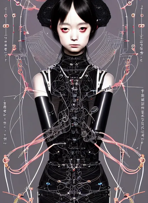 Image similar to kanna hashimoto as a absurdly beautiful cyborg, wearing a black dress, graceful, sophisticated, complex wiring and circuits, tarot card, highly detailed, digital painting, intricate linework, porcelain skin, octane rendered, sharp focus, ultra realistic, 8 k, art by artgerm, kim jung gi