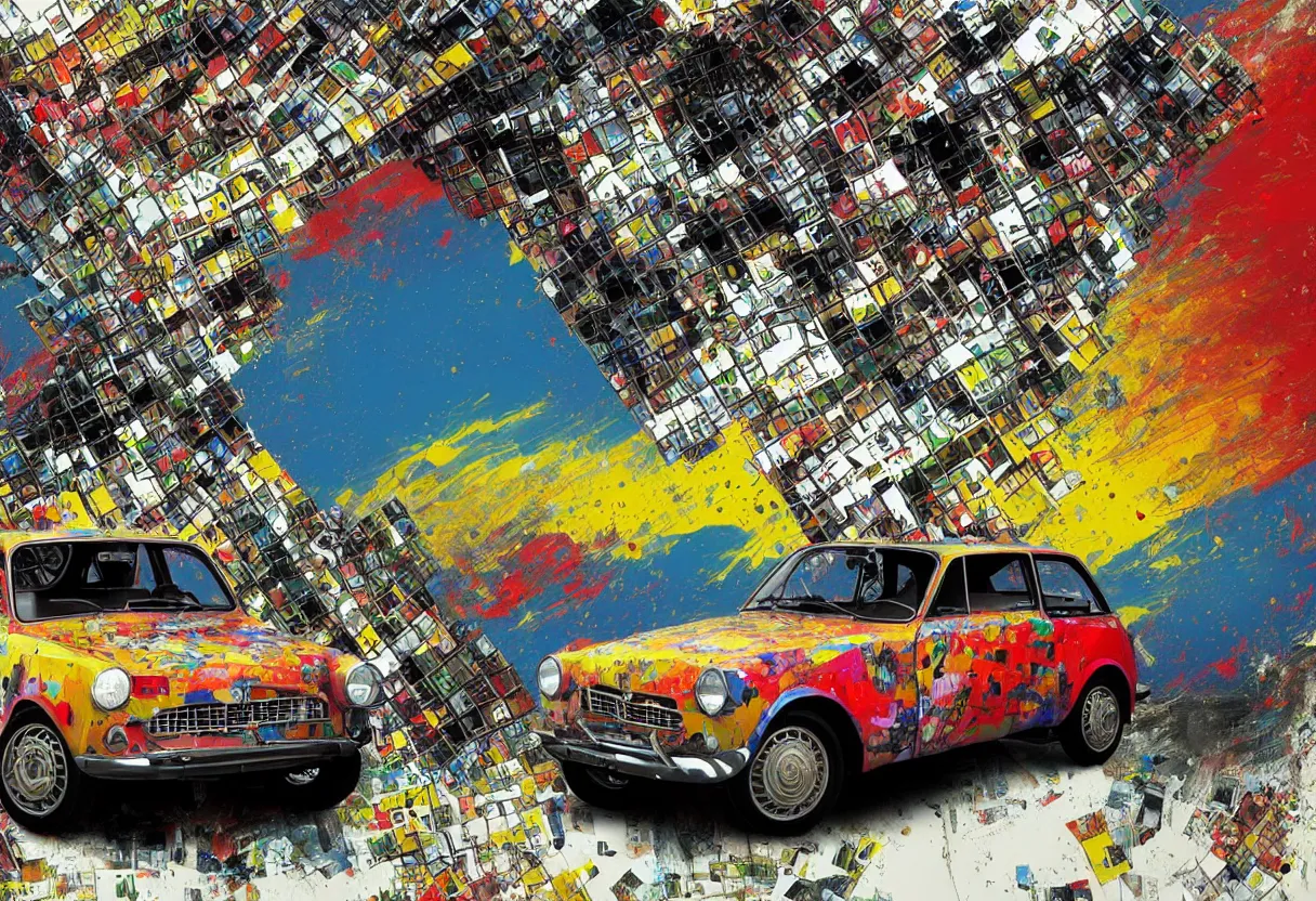 Image similar to yugo car against concrete wall as pop art, matte painting, hyperdetailed, coherent, art nouveau, beautiful render, concept art by mimmo rotella and paul robertson