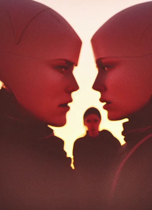 Image similar to cinestill 5 0 d photographic portrait of two loving female androids wearing rugged black techwear on a desolate plain with a red sky, extreme closeup, lizard on ground, cyberpunk style, in front of a brutalist dark metal facility, dust storm, 3 5 mm, f / 3 2, ultra realistic faces, 8 k, hd, high resolution