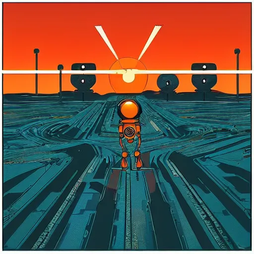 Image similar to “ a picture of a chrome robot walking through outer world desert, a retro sci - fi art by moebius, a path made of a circuit board, orange desert, bright clean blue sky, retro sci - fi adventures ”