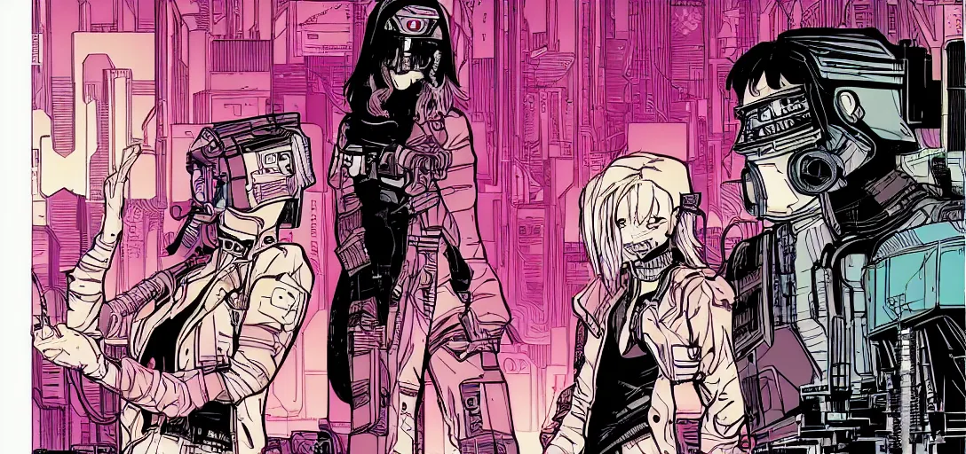 Prompt: Girl Cyberpunk, In style of moebius and laurie greasley, american comics