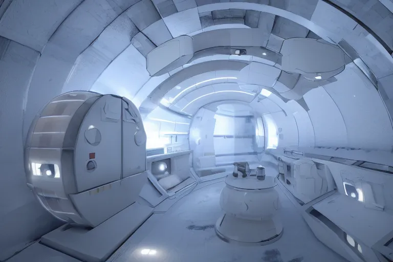 Prompt: interior of cryogenic pods room inisde a spaceship, volumetric lighting, atmospheric