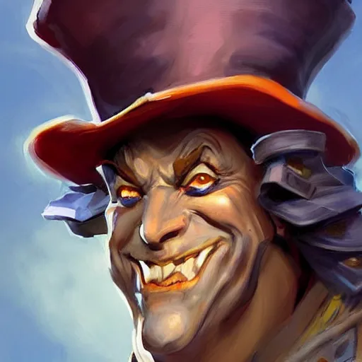 Image similar to greg manchess portrait painting of partially armored mad hatter from alice in wonderland as overwatch character, wacky, medium shot, asymmetrical, profile picture, organic painting, sunny day, matte painting, bold shapes, hard edges, street art, trending on artstation, by huang guangjian and gil elvgren and jesper ejsing