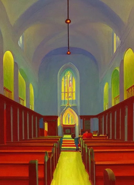 Image similar to a church interior with neon lights painted by Edward Hopper and James Gilleard