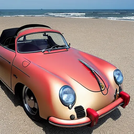 Image similar to abadoned porsche 356 roadster, red interior, at a car park next to a beach in california , morning