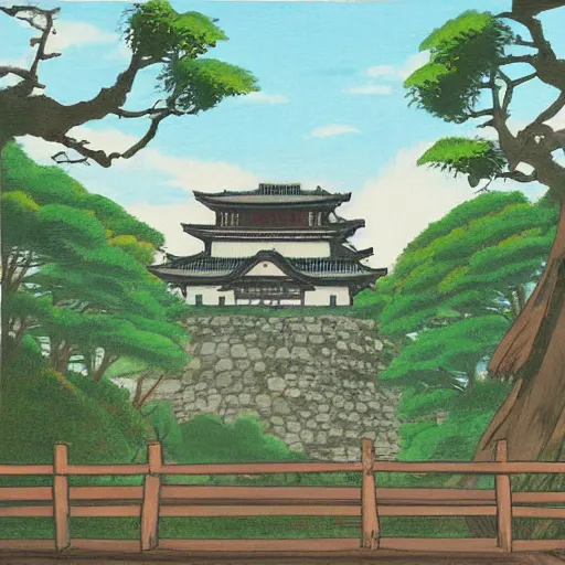 Image similar to japanese fortress in a city inside the forest by studio ghibli painting