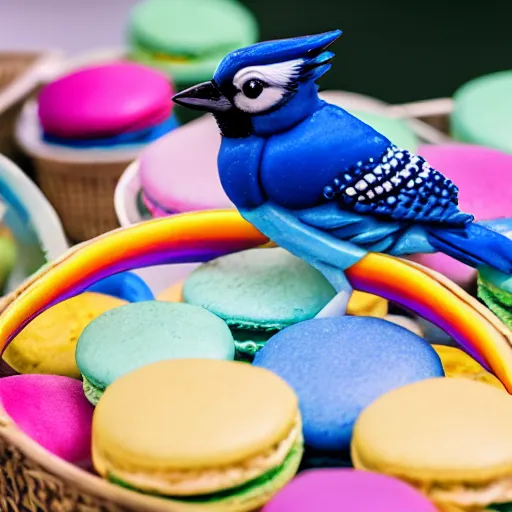 Image similar to A photograph of a (photorealistic blue jay) standing on a large basket of rainbow macarons.