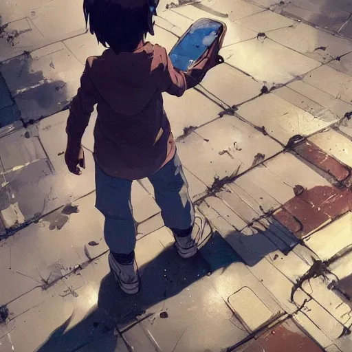 Image similar to a little boy holding hands with an enormous robot. detailed. by makoto shinkai. krzysztof maziarz. greg rutkowski