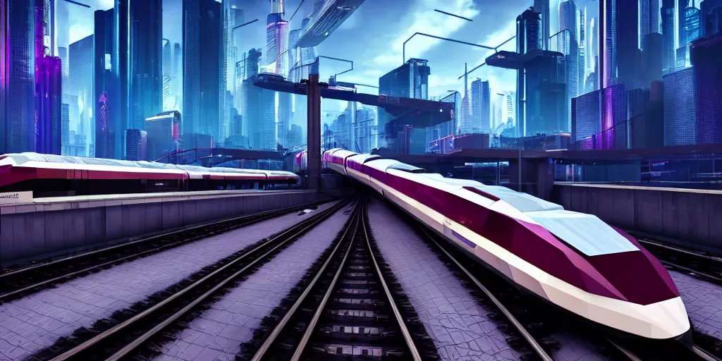 Image similar to a cyberpunk maglev train riding though futuristic station, blocky futuristic cityscape in background, gorgeous lighting and metallic reflection, maroon and blue accents, 8k, large scale, high detail, side profile