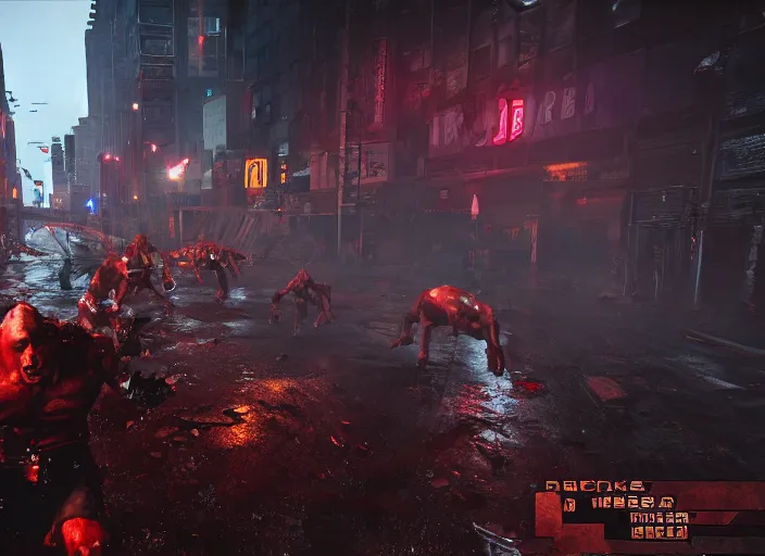 Image similar to duke nukem battling his way through a destroyed new york, a hord of pigmen are chasing, during the night, rain, street fires, pigsoldiers, rendered in cryengine, volumetric lighting, rtx on