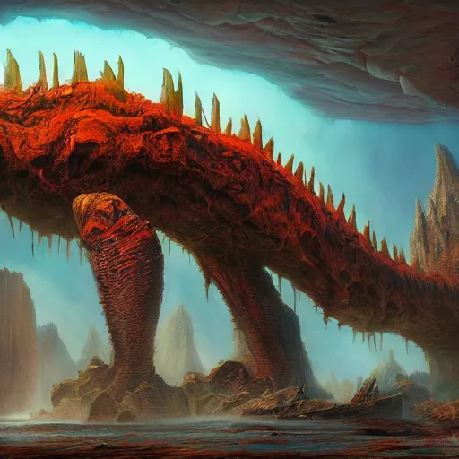 Image similar to colossal dreadmaw, driven, ghostly pride, highly detailed, digital painting, HDRI, by wayne barlowe and josh pierce, vivid colors, high contrast, 8k resolution, intricate, photorealistic, smooth