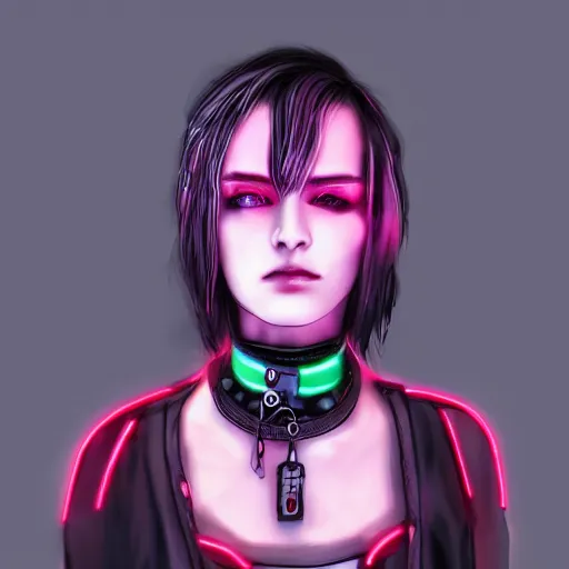 Image similar to detailed realistic cyberpunk female character cyberpunk wearing steel collar around neck, realistic, art, beautiful, 4K, collar, choker, collar around neck, punk, artstation, detailed, female, woman, choker, cyberpunk, neon, punk, collar, choker, collar around neck, thick collar, choker around neck, wearing choker, wearing collar, bright neon punk hair,