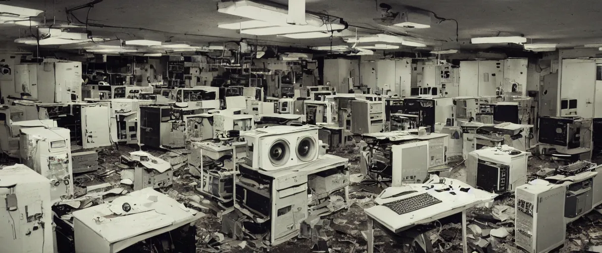 Image similar to movie still 4 k uhd 3 5 mm film color photograph of an abandoned computer laboratory full of 4 0 s decade of xx century vacuumtube computers