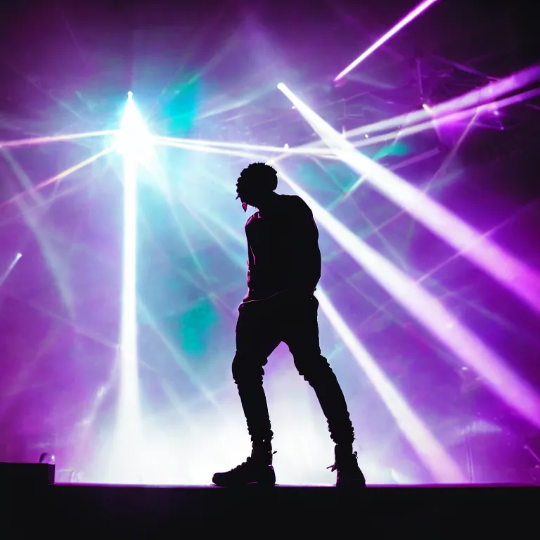 Image similar to rapper performing with microphone, epic pose, profile view, silhouetted, distinct figure, psychedelic hip-hop, laser light show, fog, beams of light