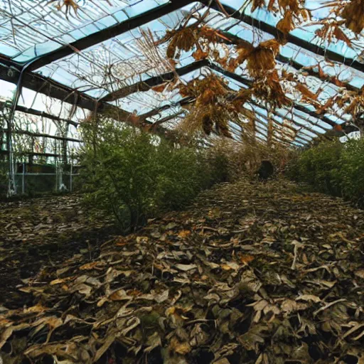 Prompt: boring depressing photo of infinite length rectangular glasshouse, fishtanks full of sticks and dead leaves