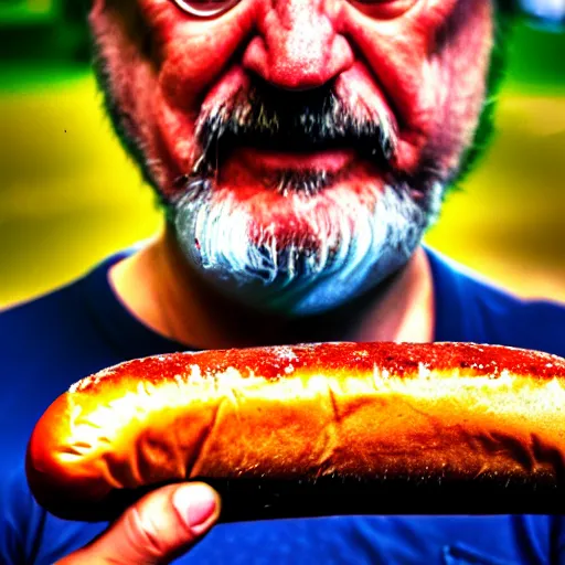 Prompt: slavoj zizec eating a hot dog, hdr, close - up, cinematic