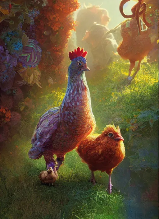 Image similar to a hen and her two chicks walking over a rainbow movie by nuri iyem, james gurney, james jean, greg rutkowski, anato finnstark. pixar. hyper detailed, 5 0 mm, award winning photography, perfect faces